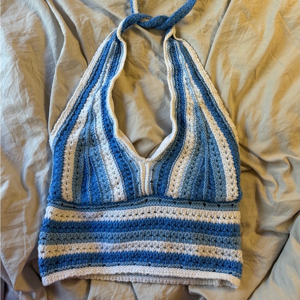 Hollister blue and white crochet tie halter top. cute as a cover up or shirt!
